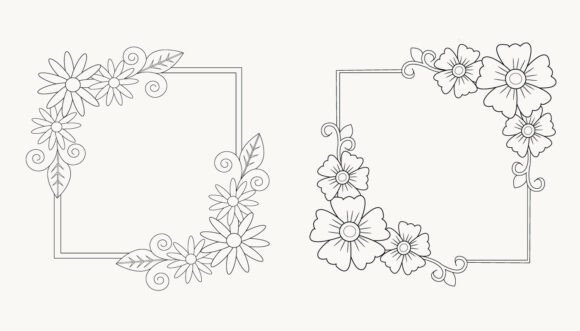 Black Flower Line Art Corner Border Set for Creative Designs